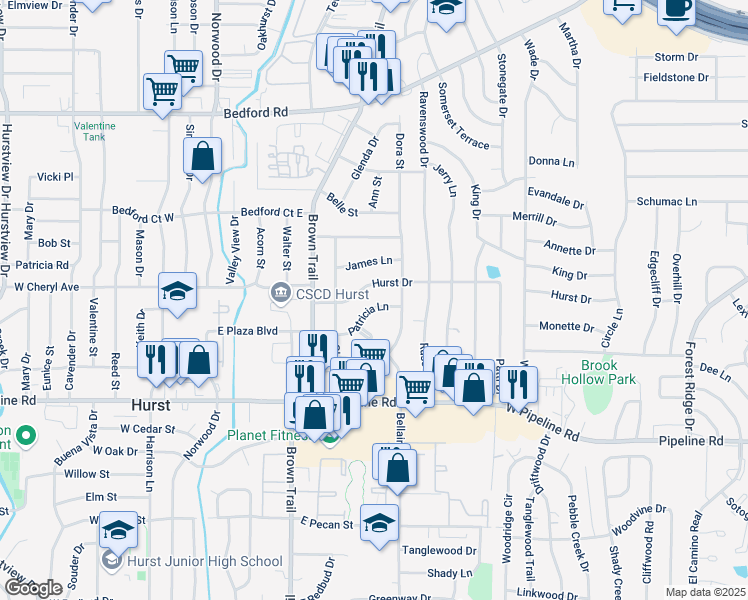 map of restaurants, bars, coffee shops, grocery stores, and more near 344 Hurst Drive in Bedford
