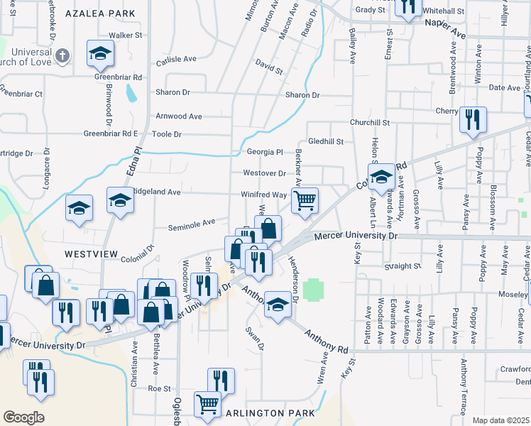 map of restaurants, bars, coffee shops, grocery stores, and more near 1521 Wellworth Avenue in Macon