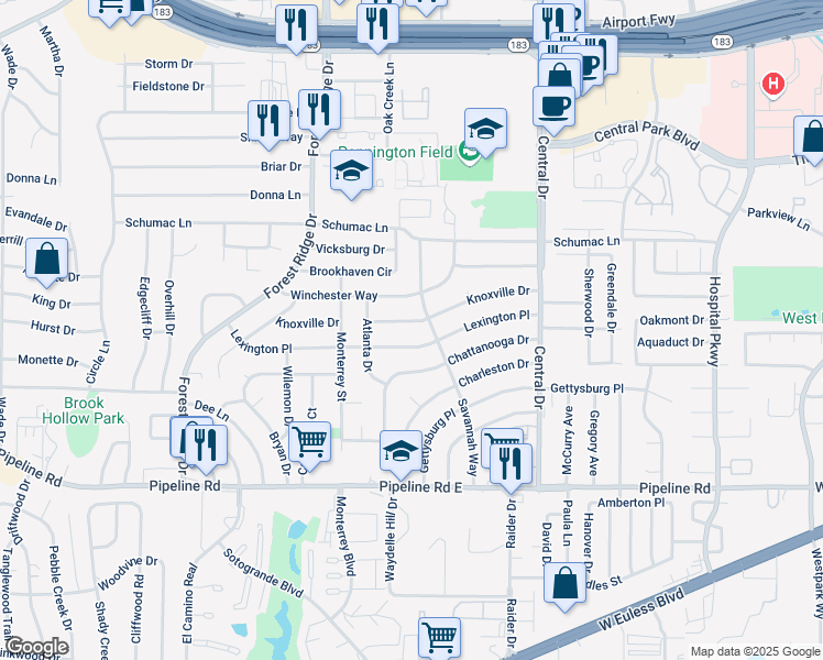 map of restaurants, bars, coffee shops, grocery stores, and more near 1812 Knoxville Drive in Bedford