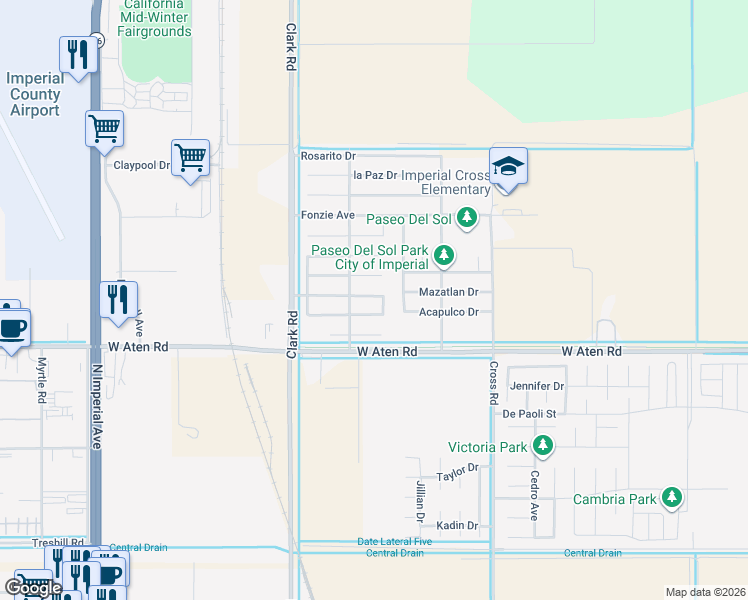 map of restaurants, bars, coffee shops, grocery stores, and more near 279 Playa del Carmen Drive in Imperial