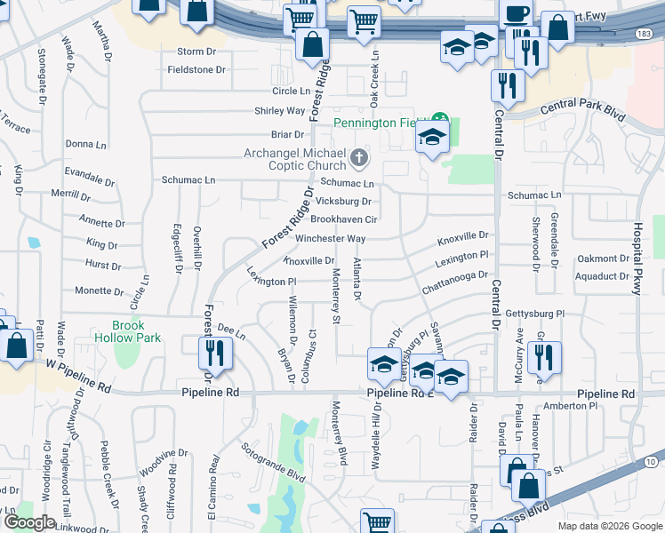 map of restaurants, bars, coffee shops, grocery stores, and more near 1644 Knoxville Drive in Bedford