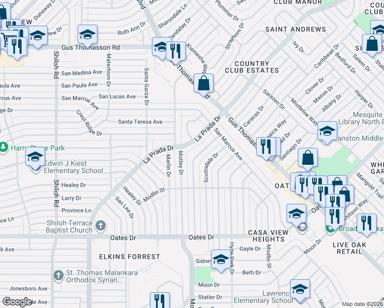 map of restaurants, bars, coffee shops, grocery stores, and more near 4521 Harvey Drive in Mesquite