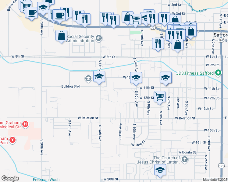 map of restaurants, bars, coffee shops, grocery stores, and more near 1041 South 14th Avenue in Safford