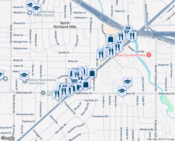 map of restaurants, bars, coffee shops, grocery stores, and more near 4404 Cummings Drive in North Richland Hills