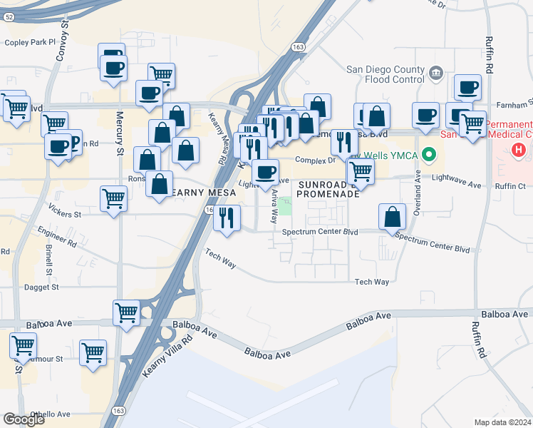 map of restaurants, bars, coffee shops, grocery stores, and more near 8725 Ariva Way in San Diego