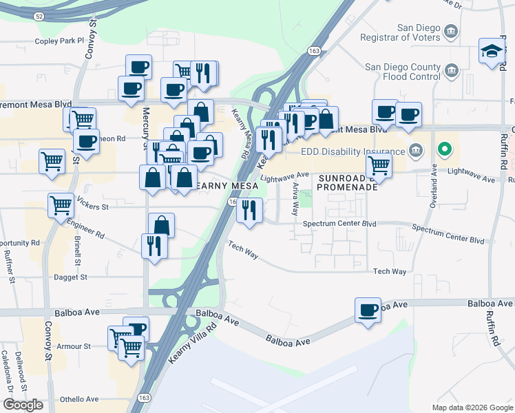 map of restaurants, bars, coffee shops, grocery stores, and more near 8620 Spectrum Center Boulevard in San Diego