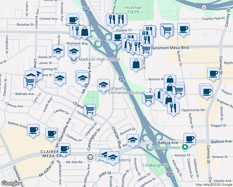 map of restaurants, bars, coffee shops, grocery stores, and more near 4662-4798 Printwood Way in San Diego