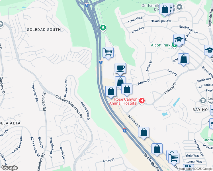map of restaurants, bars, coffee shops, grocery stores, and more near 5707 Santa Fe Street in San Diego