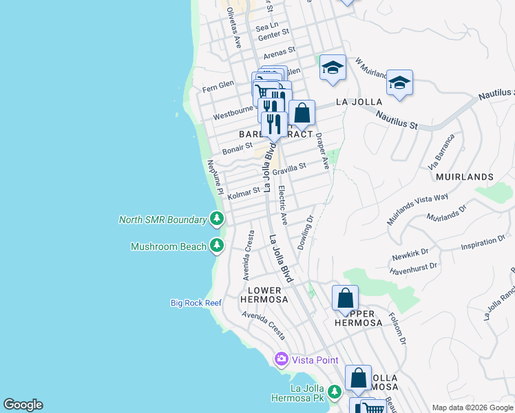 map of restaurants, bars, coffee shops, grocery stores, and more near 338 Rosemont Street in San Diego