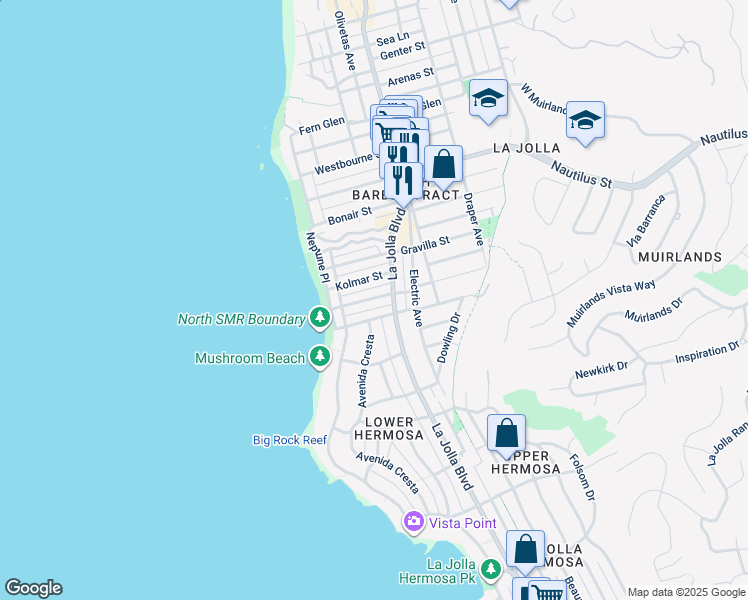 map of restaurants, bars, coffee shops, grocery stores, and more near 338 Rosemont Street in San Diego