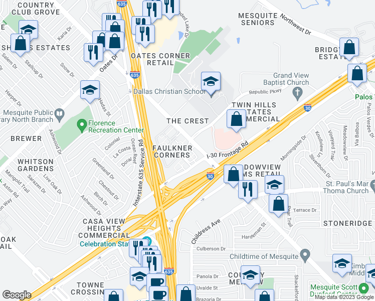 map of restaurants, bars, coffee shops, grocery stores, and more near 4787 North Galloway Avenue in Mesquite