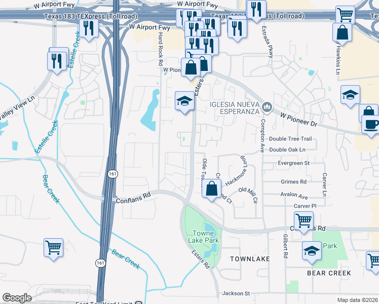 map of restaurants, bars, coffee shops, grocery stores, and more near 1153 Esters Road in Irving