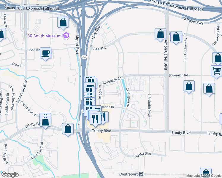 map of restaurants, bars, coffee shops, grocery stores, and more near 4373 Laguardia Lane in Fort Worth