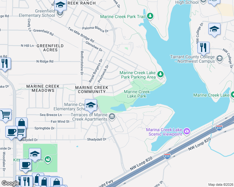 map of restaurants, bars, coffee shops, grocery stores, and more near 5361 Kingsknowe Parkway in Fort Worth
