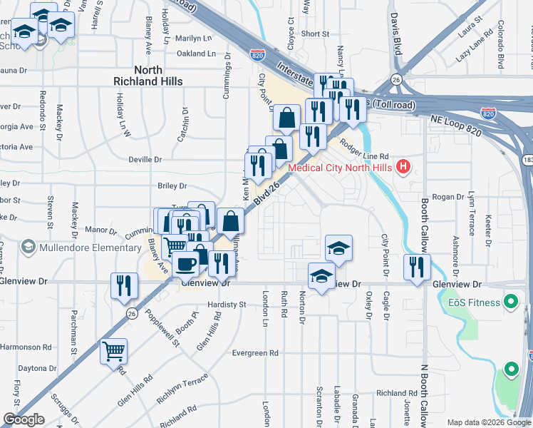 map of restaurants, bars, coffee shops, grocery stores, and more near 7550 Boulevard 26 in Richland Hills