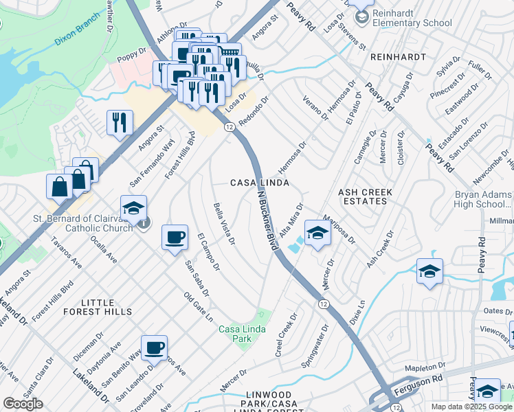 map of restaurants, bars, coffee shops, grocery stores, and more near 1519 North Buckner Boulevard in Dallas