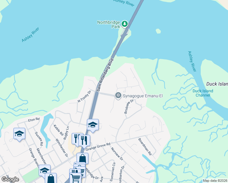map of restaurants, bars, coffee shops, grocery stores, and more near 4 Windsor Drive in Charleston