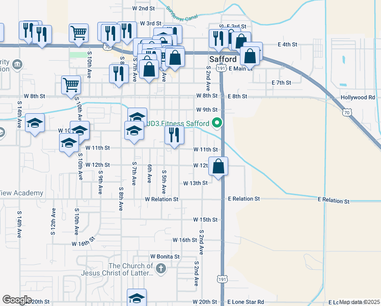 map of restaurants, bars, coffee shops, grocery stores, and more near 301 West 11th Street in Safford