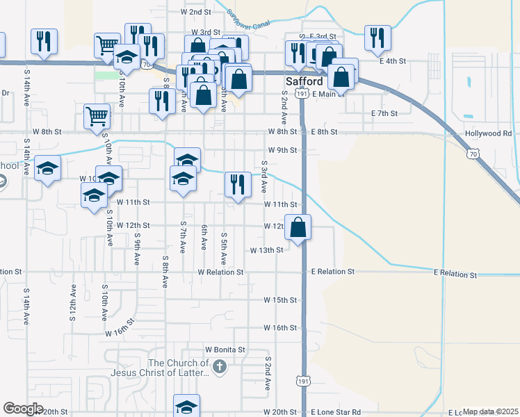 map of restaurants, bars, coffee shops, grocery stores, and more near 301 West 11th Street in Safford