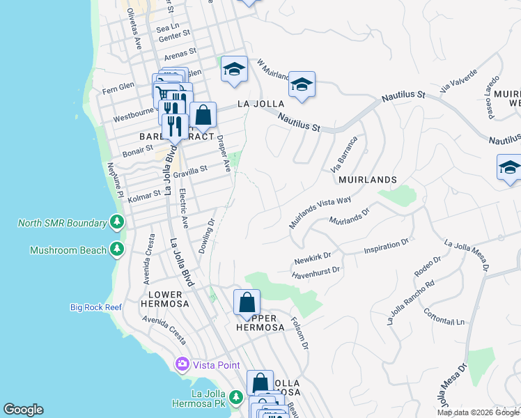 map of restaurants, bars, coffee shops, grocery stores, and more near 6502 Manana Place in San Diego