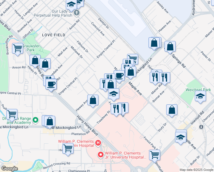 map of restaurants, bars, coffee shops, grocery stores, and more near 2345 West Mockingbird Lane in Dallas