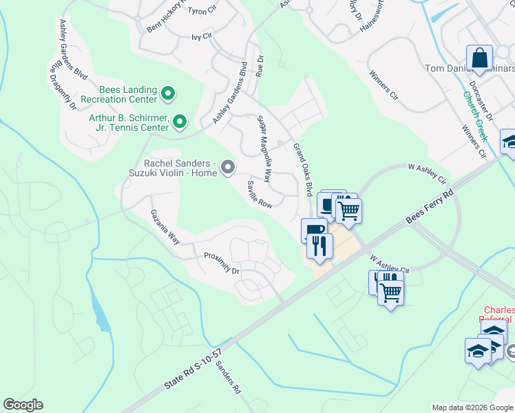 map of restaurants, bars, coffee shops, grocery stores, and more near 533 Saville Row in Charleston