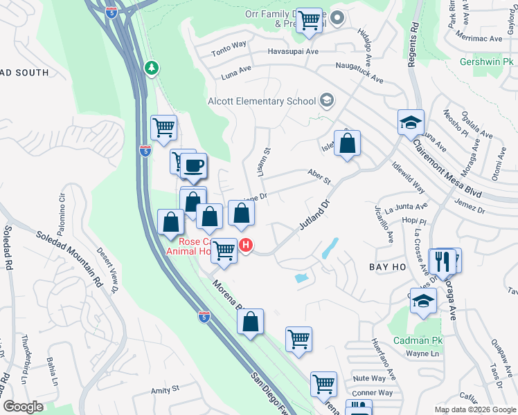 map of restaurants, bars, coffee shops, grocery stores, and more near 4547 Leathers Street in San Diego