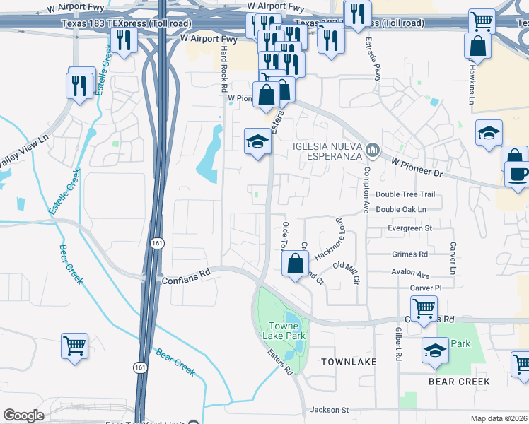 map of restaurants, bars, coffee shops, grocery stores, and more near 1153 Esters Road in Irving