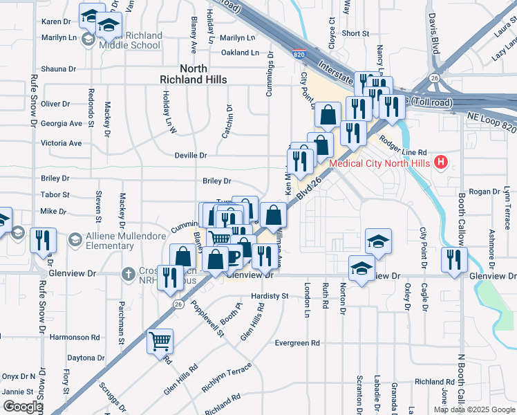 map of restaurants, bars, coffee shops, grocery stores, and more near 4404 Cummings Drive in North Richland Hills