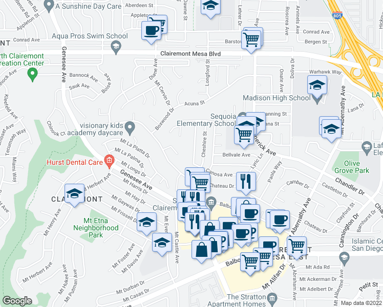 map of restaurants, bars, coffee shops, grocery stores, and more near 4568 Southampton Street in San Diego
