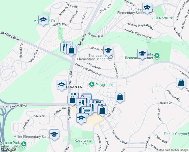 map of restaurants, bars, coffee shops, grocery stores, and more near 10694 Esmeraldas Drive in San Diego