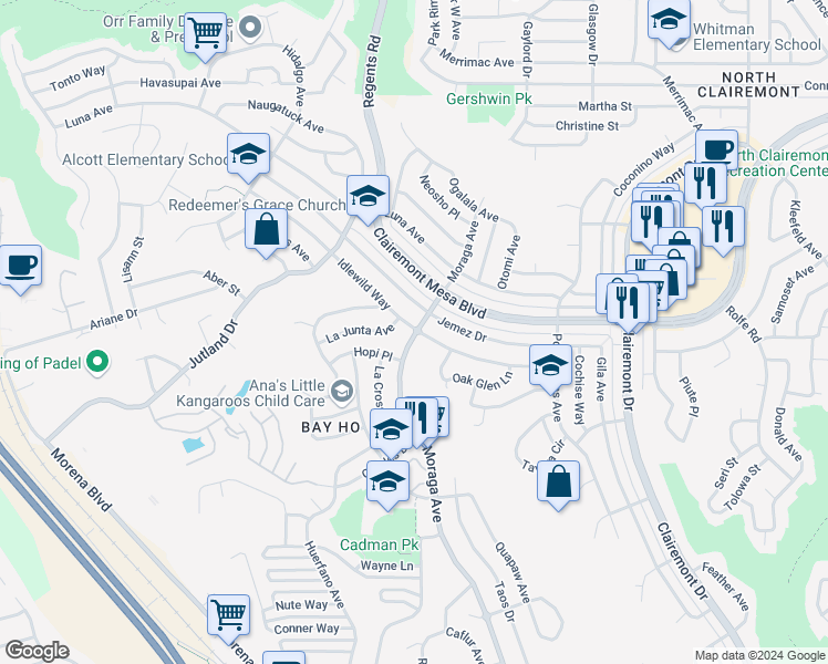 map of restaurants, bars, coffee shops, grocery stores, and more near 3393 Idlewild Way in San Diego