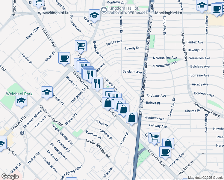 map of restaurants, bars, coffee shops, grocery stores, and more near 5315 Teak Mill Place in Dallas