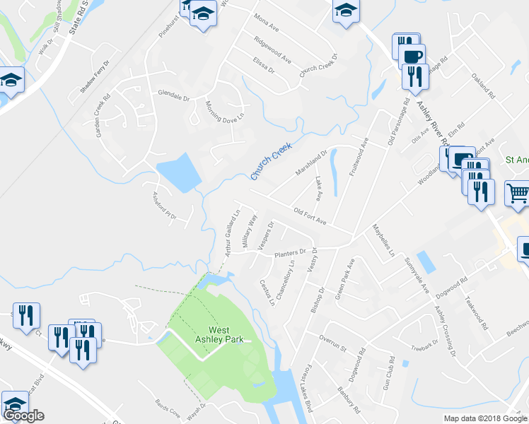 map of restaurants, bars, coffee shops, grocery stores, and more near 2205 Caisson Court in Charleston
