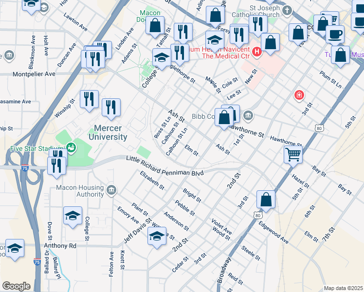 map of restaurants, bars, coffee shops, grocery stores, and more near 1407 Jackson Street in Macon
