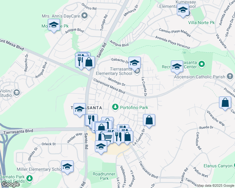map of restaurants, bars, coffee shops, grocery stores, and more near 10694 Esmeraldas Drive in San Diego