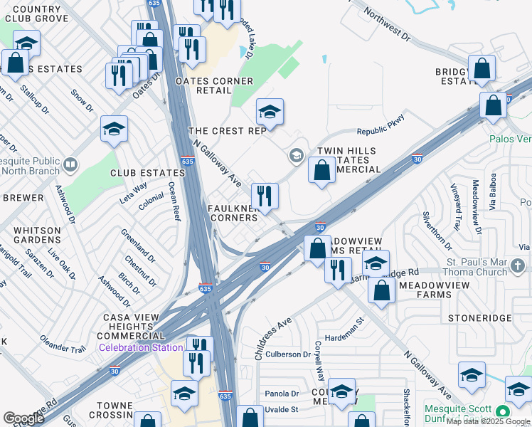 map of restaurants, bars, coffee shops, grocery stores, and more near 4787 North Galloway Avenue in Mesquite