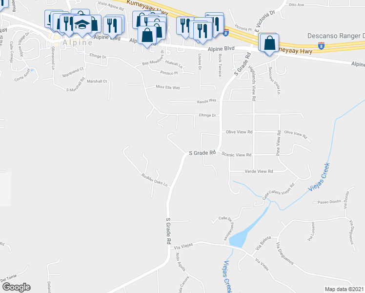 map of restaurants, bars, coffee shops, grocery stores, and more near 2690 South Grade Road in Alpine