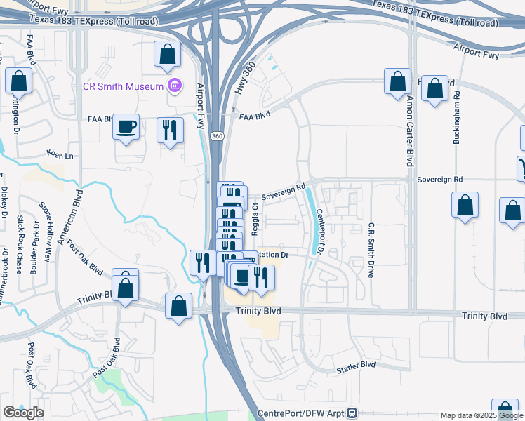 map of restaurants, bars, coffee shops, grocery stores, and more near 4373 Laguardia Lane in Fort Worth
