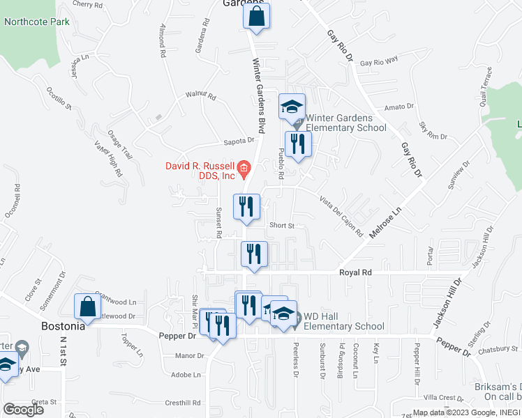map of restaurants, bars, coffee shops, grocery stores, and more near 8264 Linden Road in Lakeside