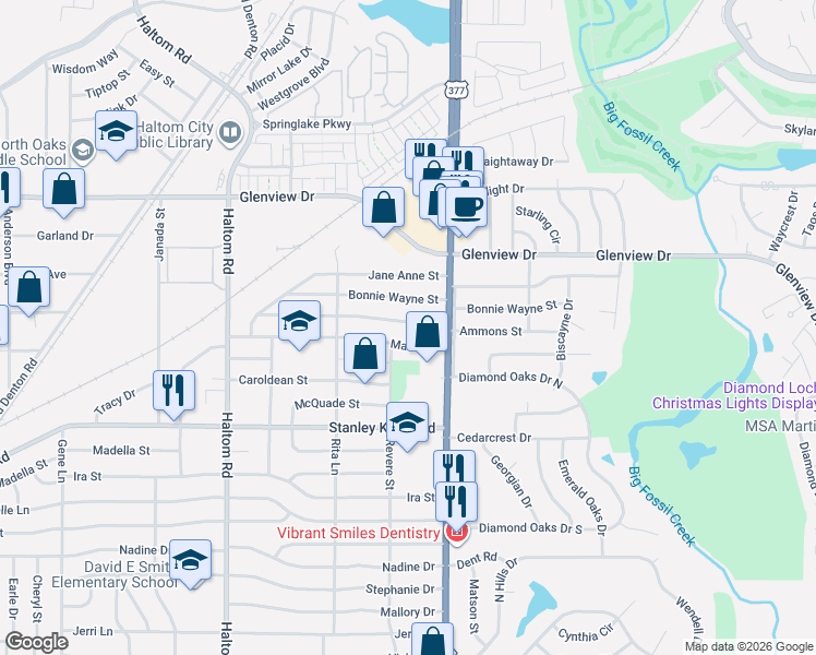 map of restaurants, bars, coffee shops, grocery stores, and more near 5404 Ammons Street in Fort Worth