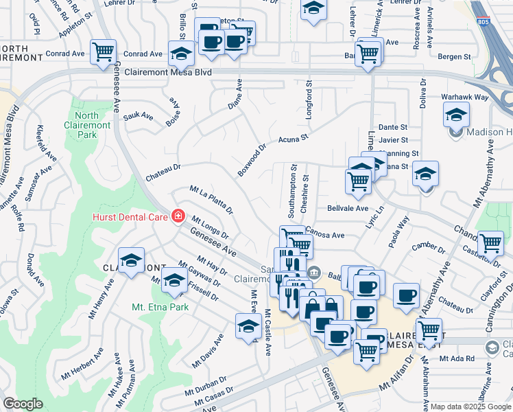 map of restaurants, bars, coffee shops, grocery stores, and more near 4910 Chateau Drive in San Diego