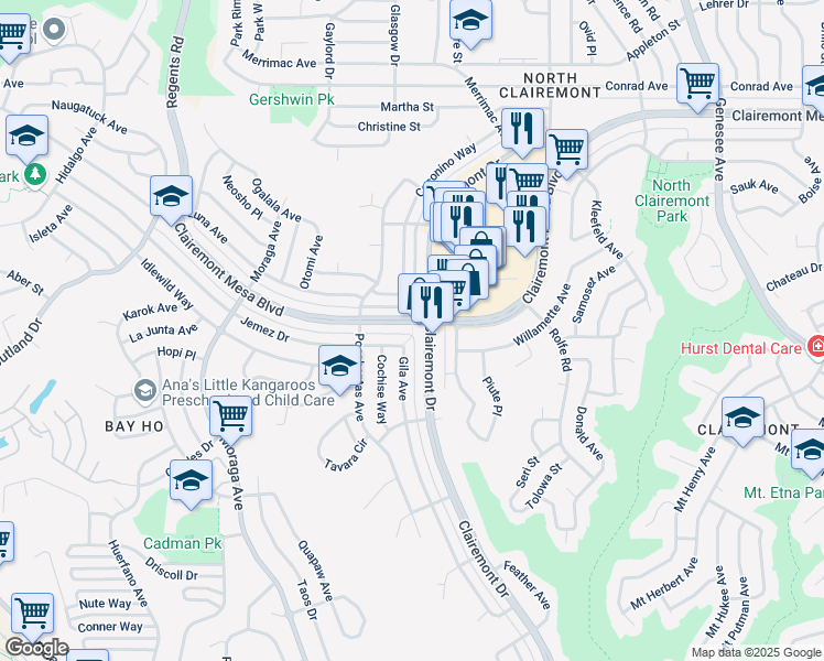 map of restaurants, bars, coffee shops, grocery stores, and more near 3745 Clairemont Mesa Boulevard in San Diego