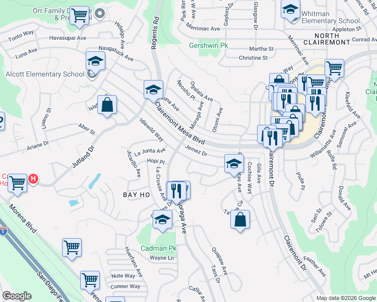 map of restaurants, bars, coffee shops, grocery stores, and more near 3429 Jemez Drive in San Diego