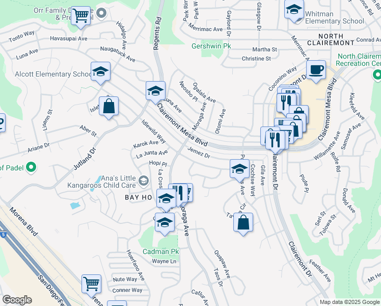 map of restaurants, bars, coffee shops, grocery stores, and more near 3429 Jemez Drive in San Diego