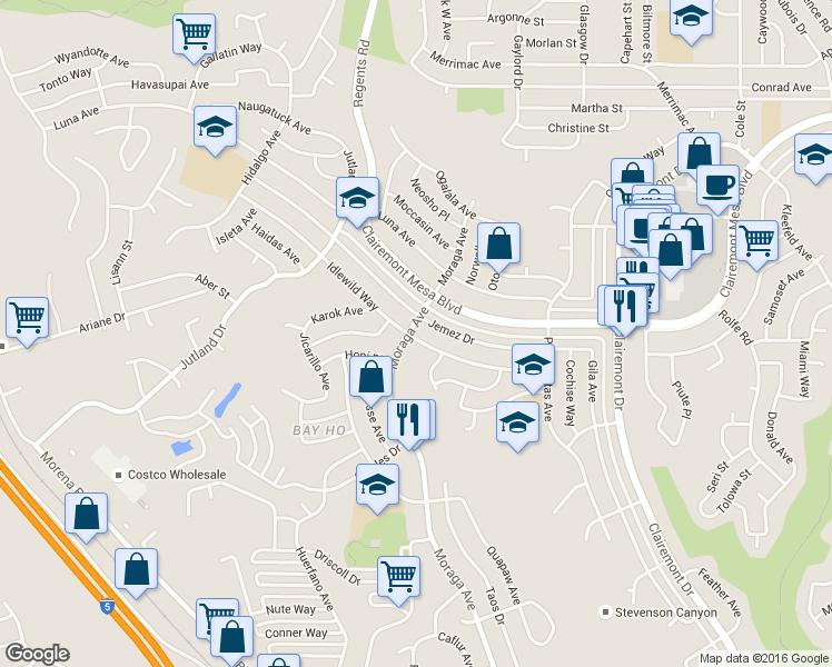 map of restaurants, bars, coffee shops, grocery stores, and more near 3393 Idlewild Way in San Diego