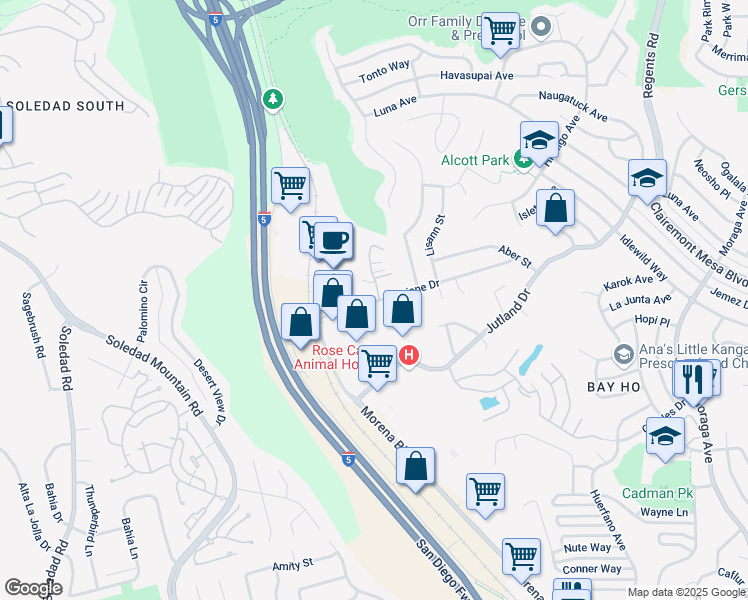 map of restaurants, bars, coffee shops, grocery stores, and more near 2718 Ariane Drive in San Diego