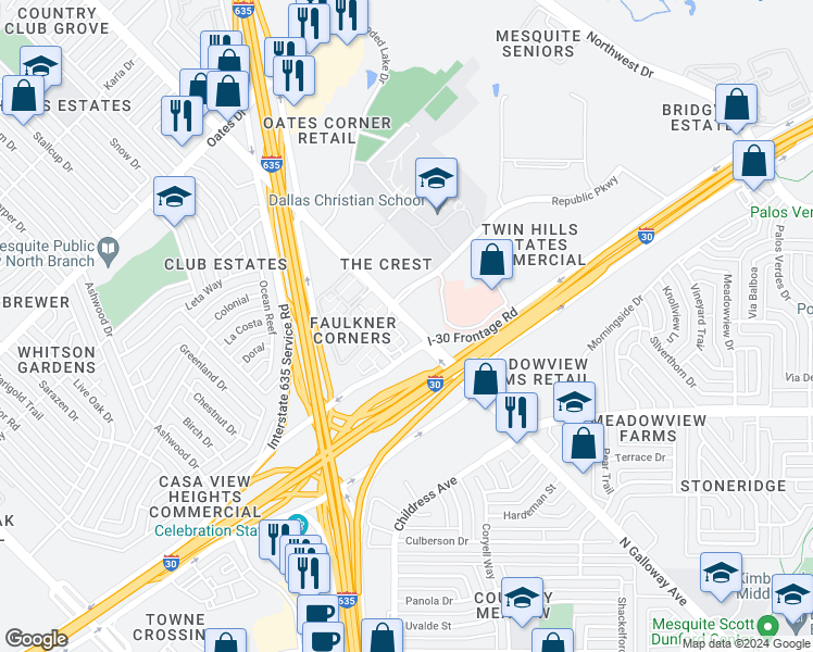 map of restaurants, bars, coffee shops, grocery stores, and more near 4787 North Galloway Avenue in Mesquite