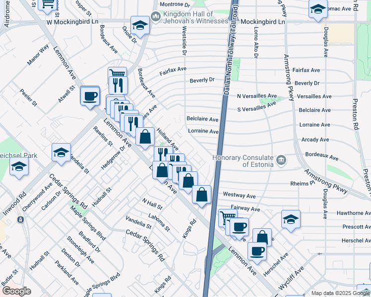 map of restaurants, bars, coffee shops, grocery stores, and more near 5200 Holland Avenue in Dallas