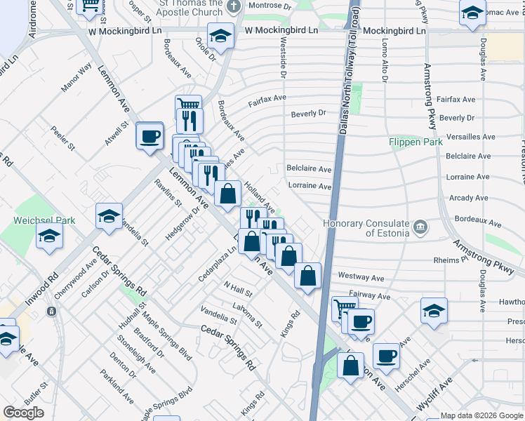 map of restaurants, bars, coffee shops, grocery stores, and more near 5315 Teak Mill Place in Dallas